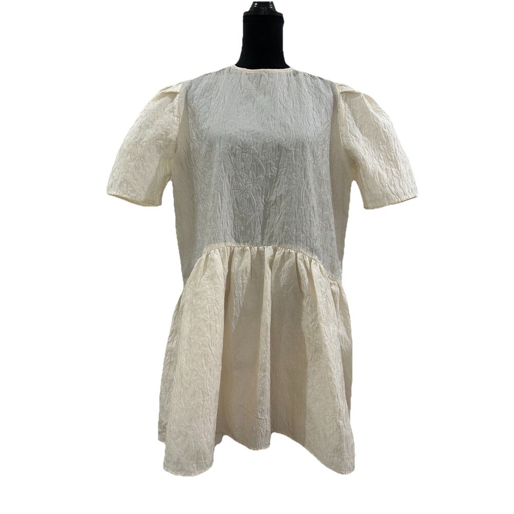 ZARA Womens Size L Voluminous Flounce Mini Dress Ivory Floral Embossed